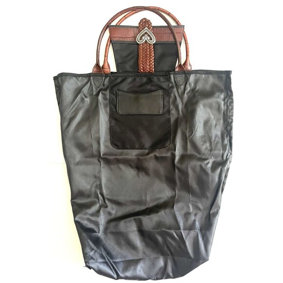 Brighton Silver Heart Brown Leather Handles Black Nylon Long Tote Bag - Picture 4 of 16